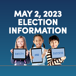 Blue gradient background with white 'May 2, 2023 election information' over it